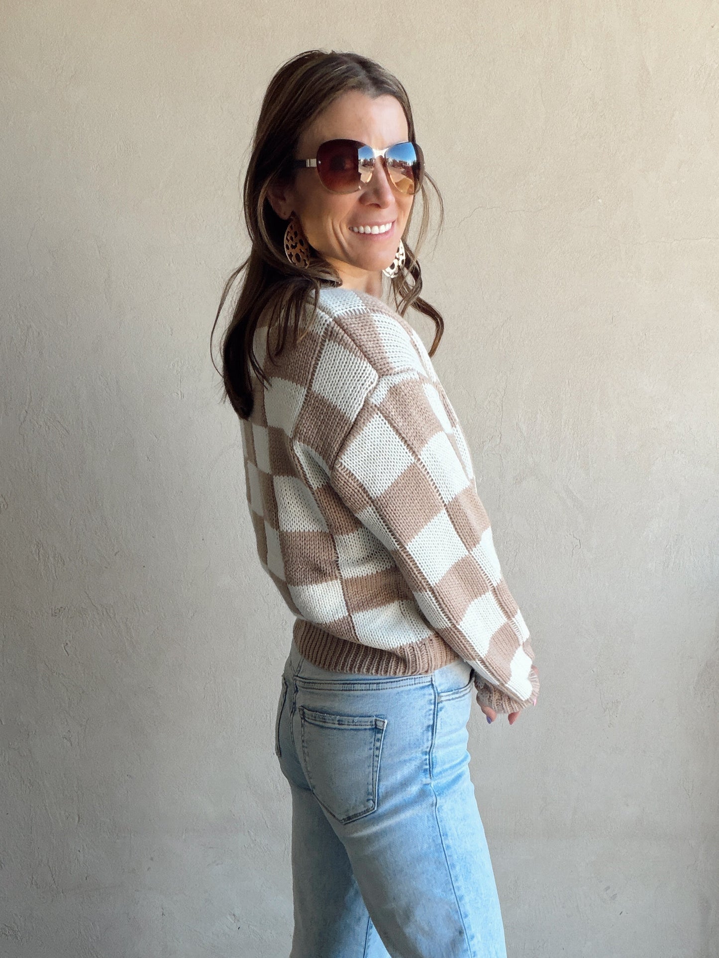 Sienna Check Sweater in Beige & Ivory