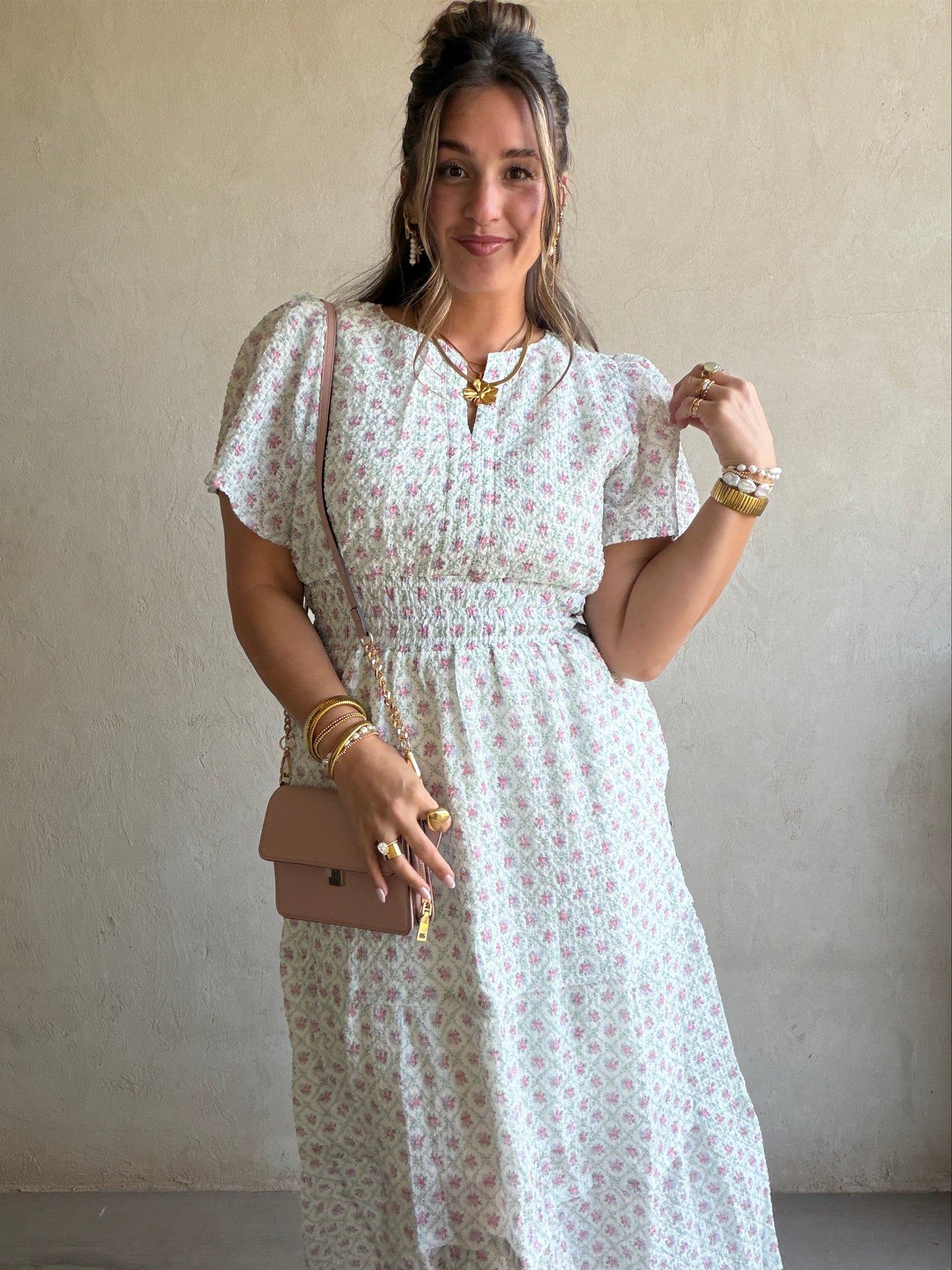 Sunday Floral Dress in Green, Pink & Ivory