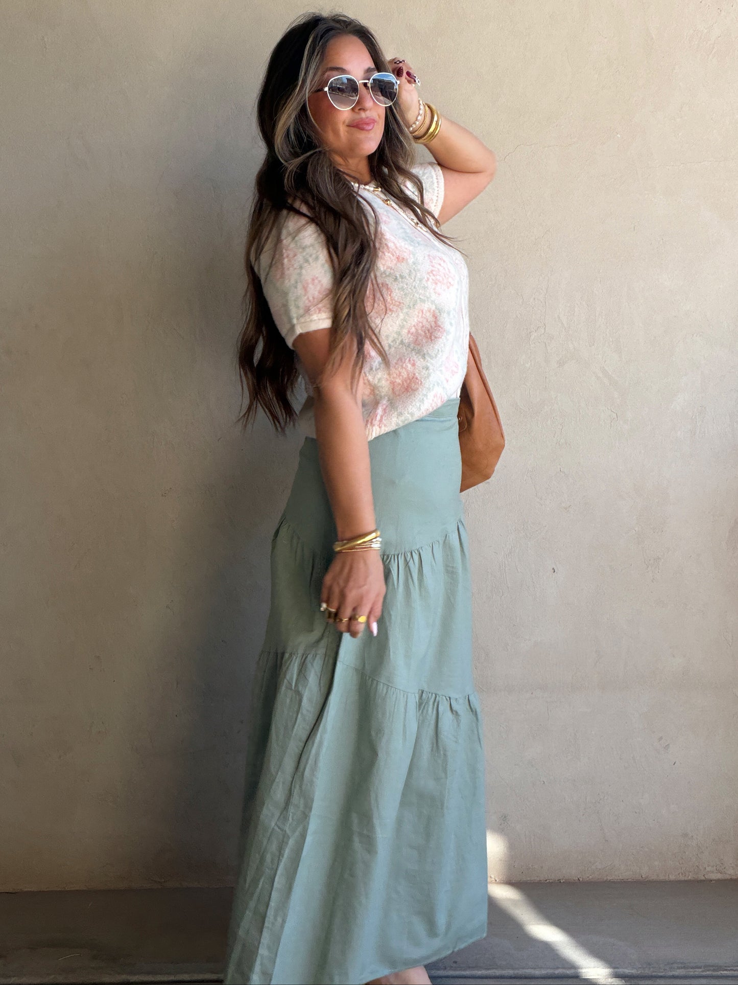 Maddy Button Down Cardigan in Cream, Sage & Pink