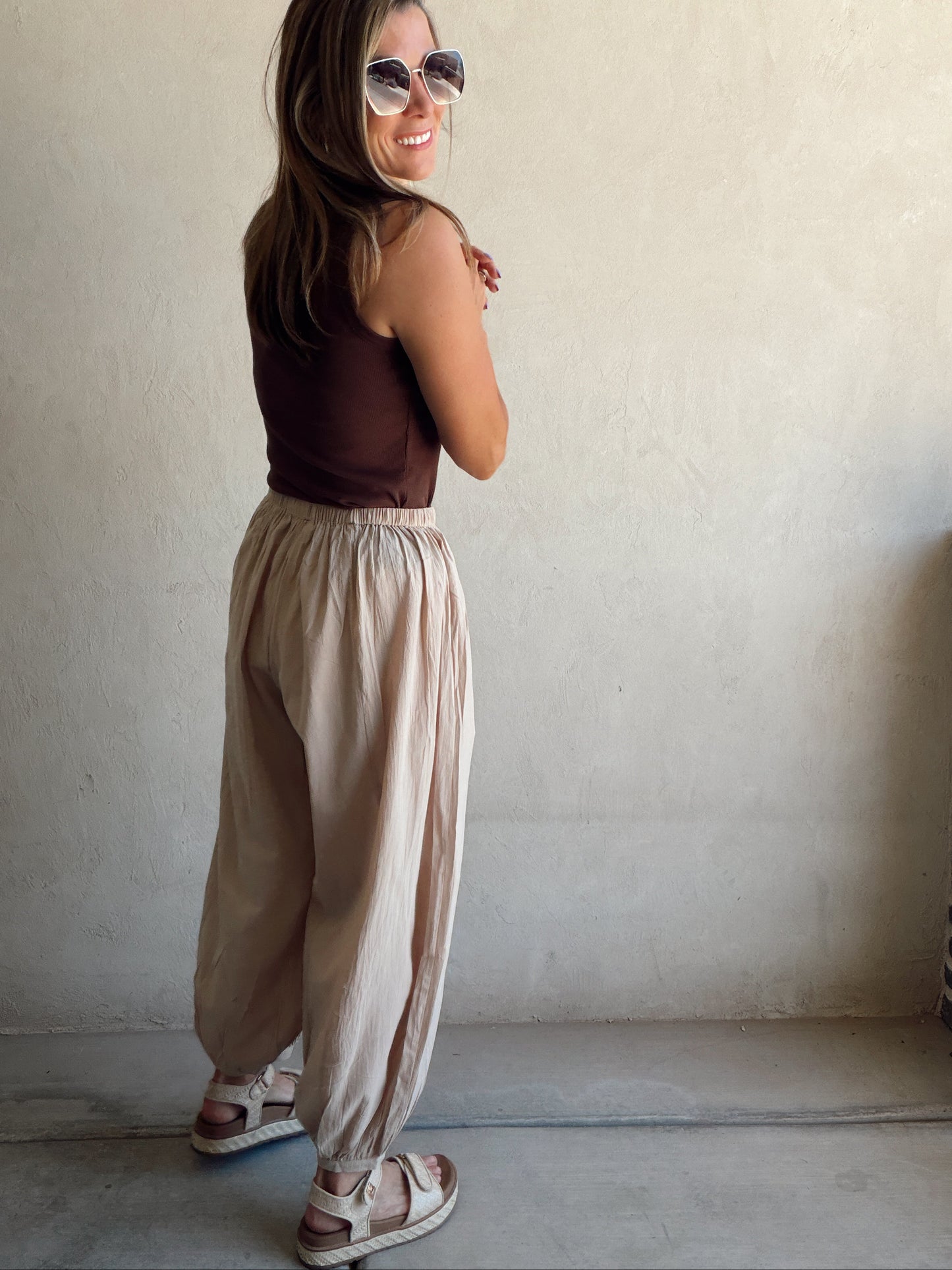 Tara Flowy Parachute Pants in Tan