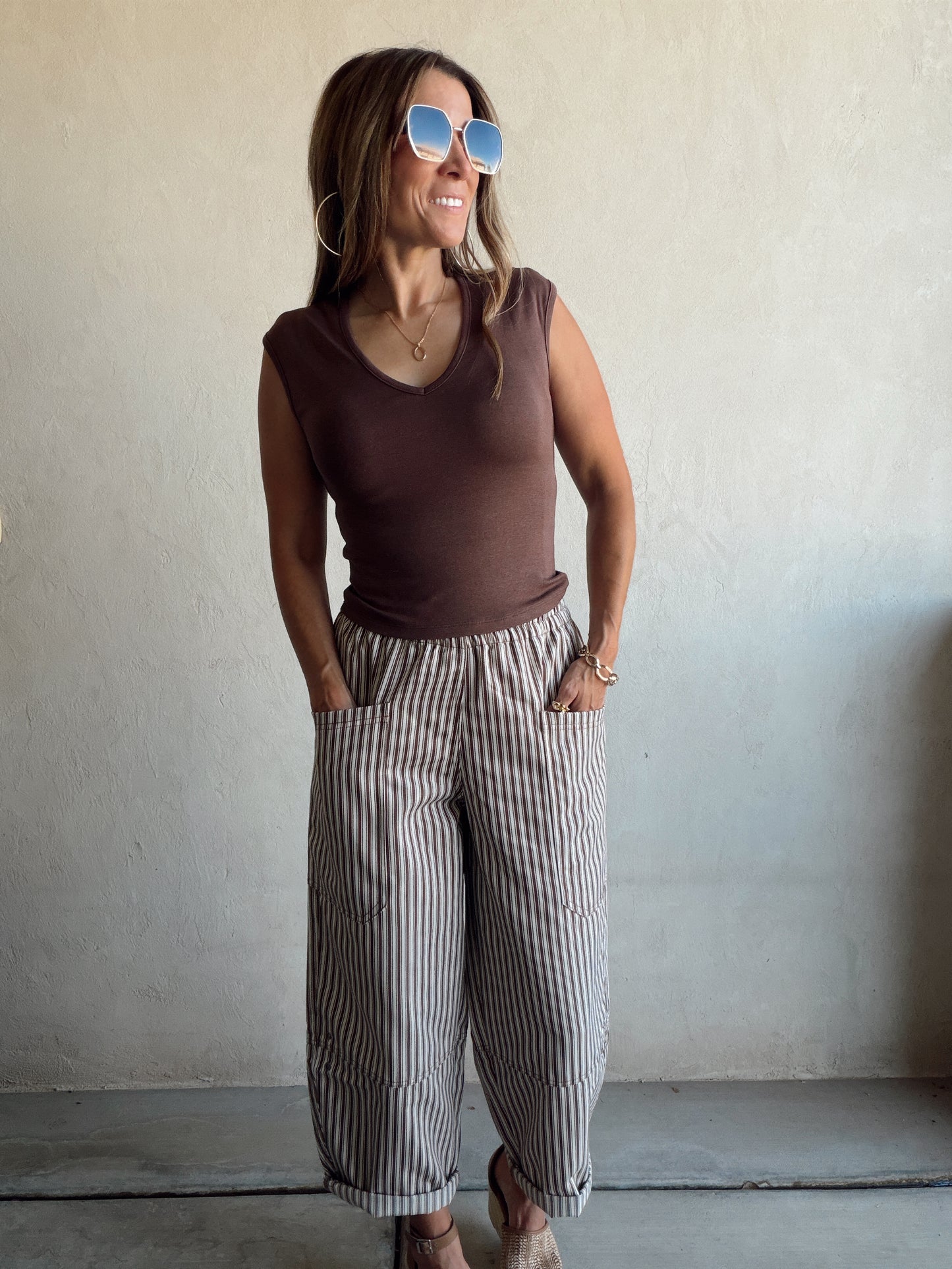 Sabrina Striped Barrel Pants in Brown