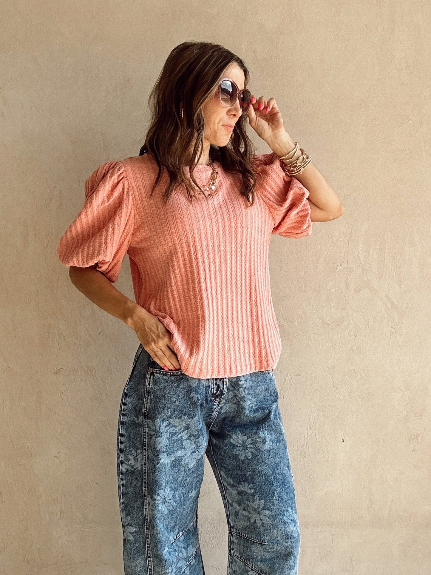 Annie Wear Textured Puff Sleeve Top in Rose