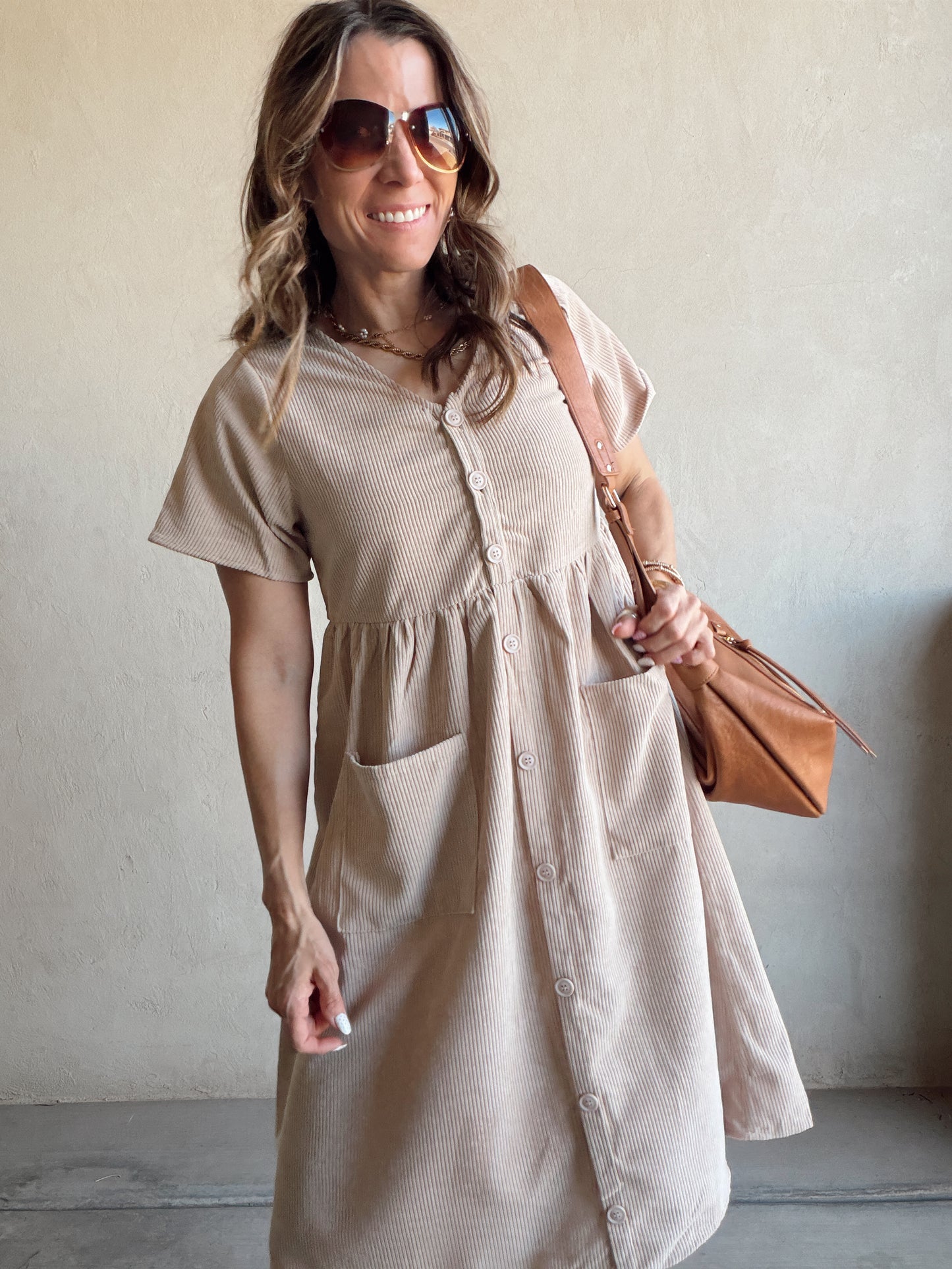 McKayla Corduroy Dress in Beige