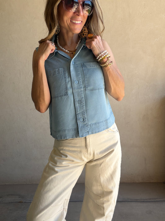 Courtney Collared Top in Light Denim