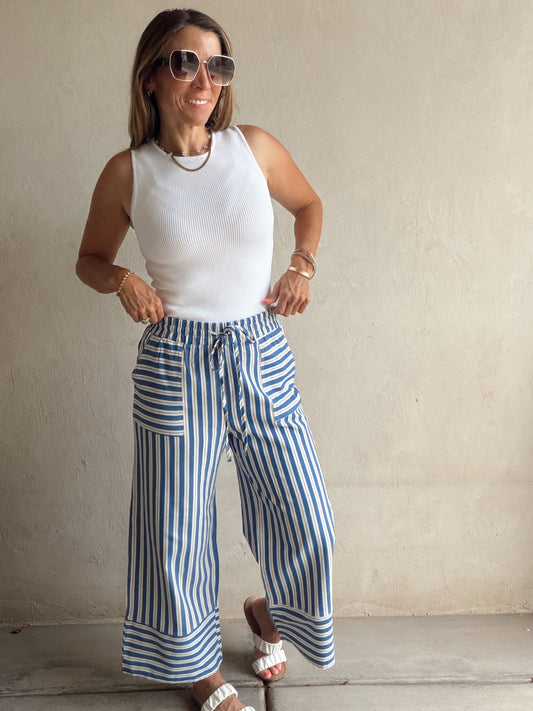 Kyla Drawstring Stripe Linen Pants in Blue & White
