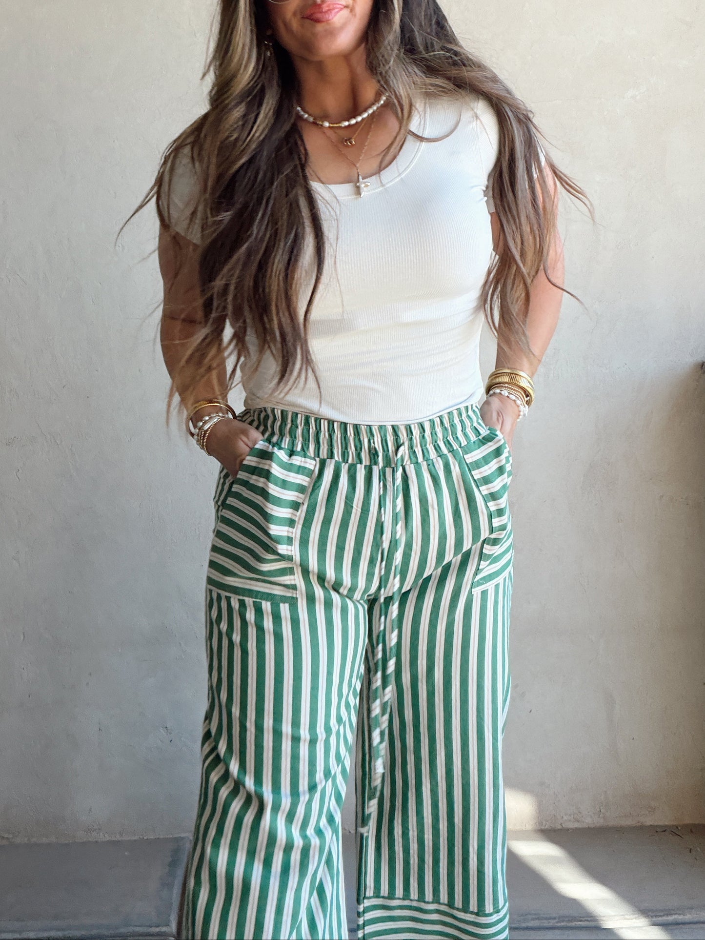 Kyla Drawstring Stripe Linen Pants in Green & Sand