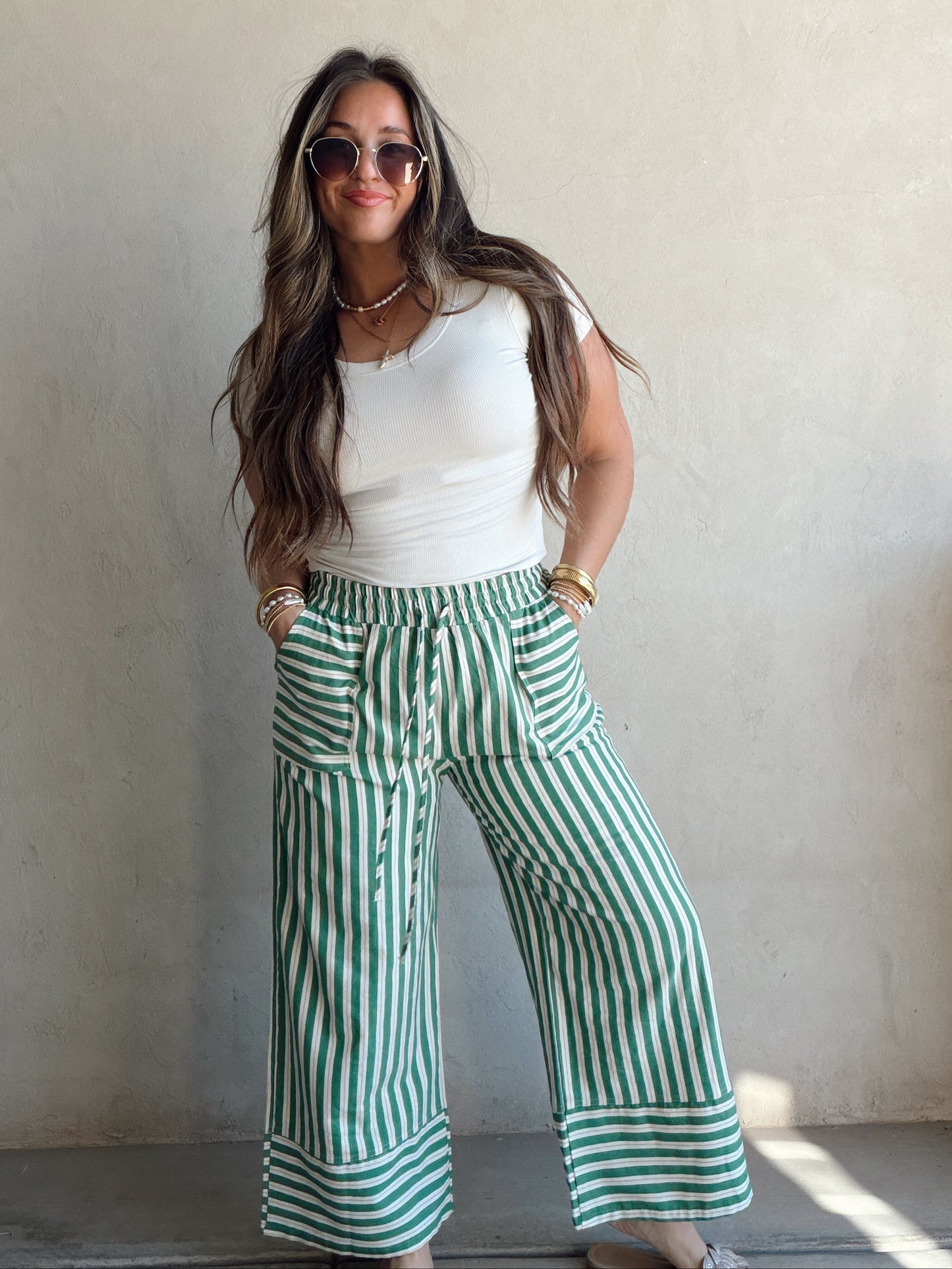 Kyla Drawstring Stripe Linen Pants in Green & Sand