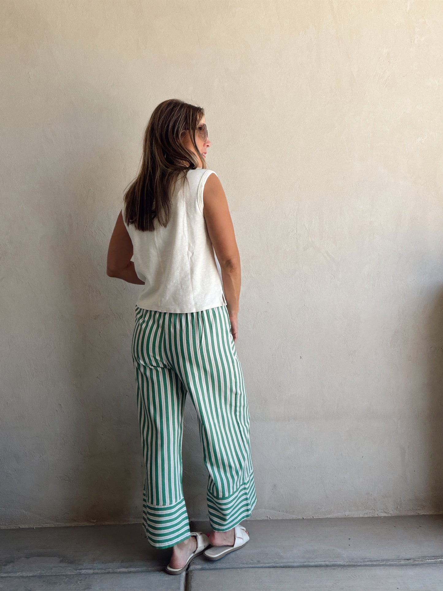 Kyla Drawstring Stripe Linen Pants in Green & Sand
