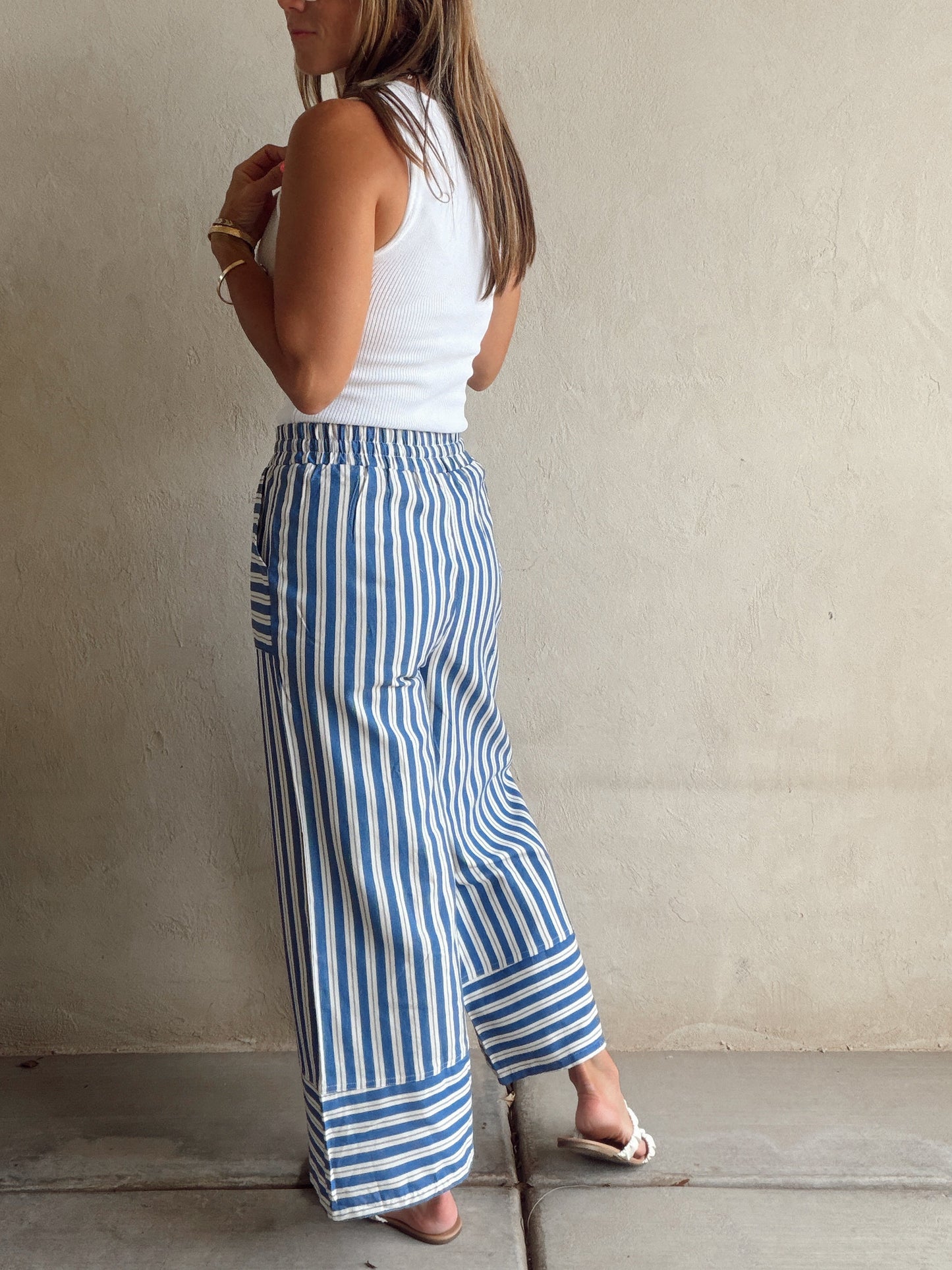 Kyla Drawstring Stripe Linen Pants in Blue & White