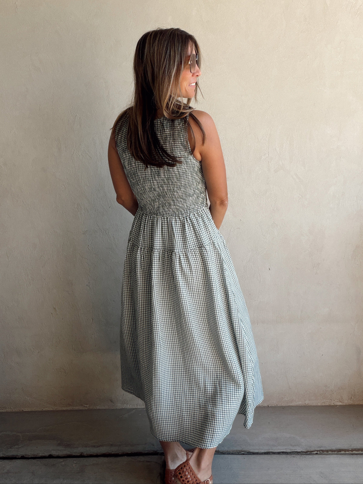 Denise Dress in Gingham Dress in Evergreen & Cream