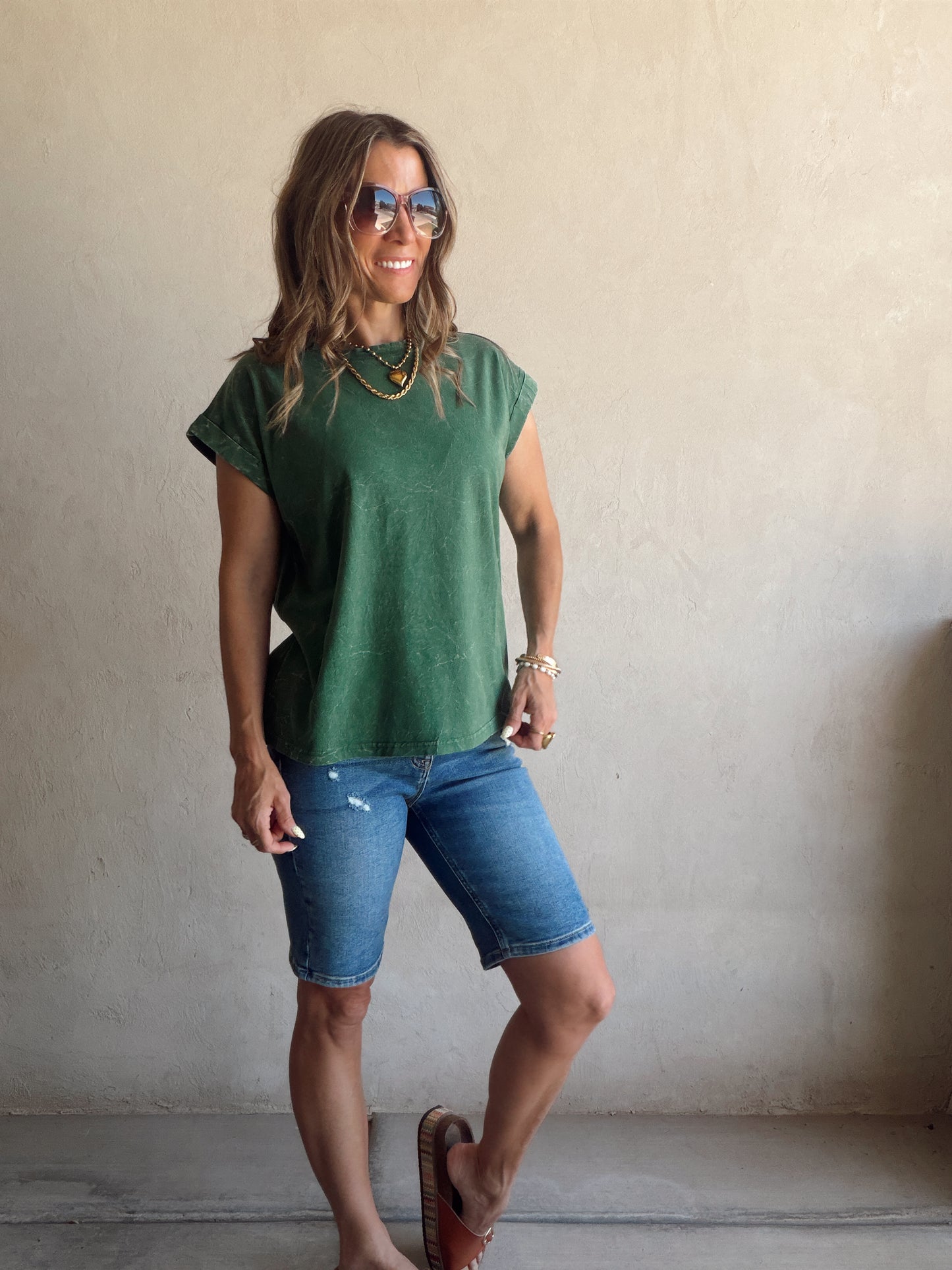 Amber Mineral Washed Top in Evergreen