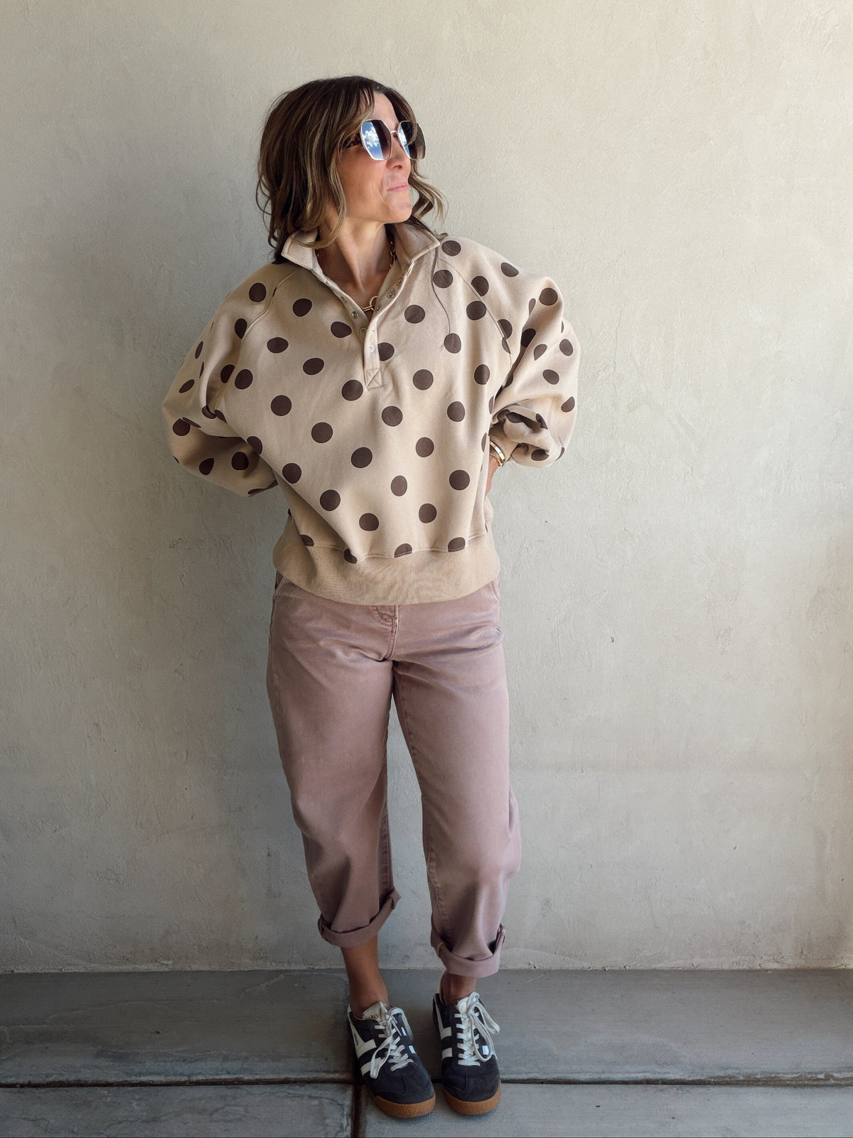 Kaylani Sweatshirt in Taupe & Chocolate Polka Dot