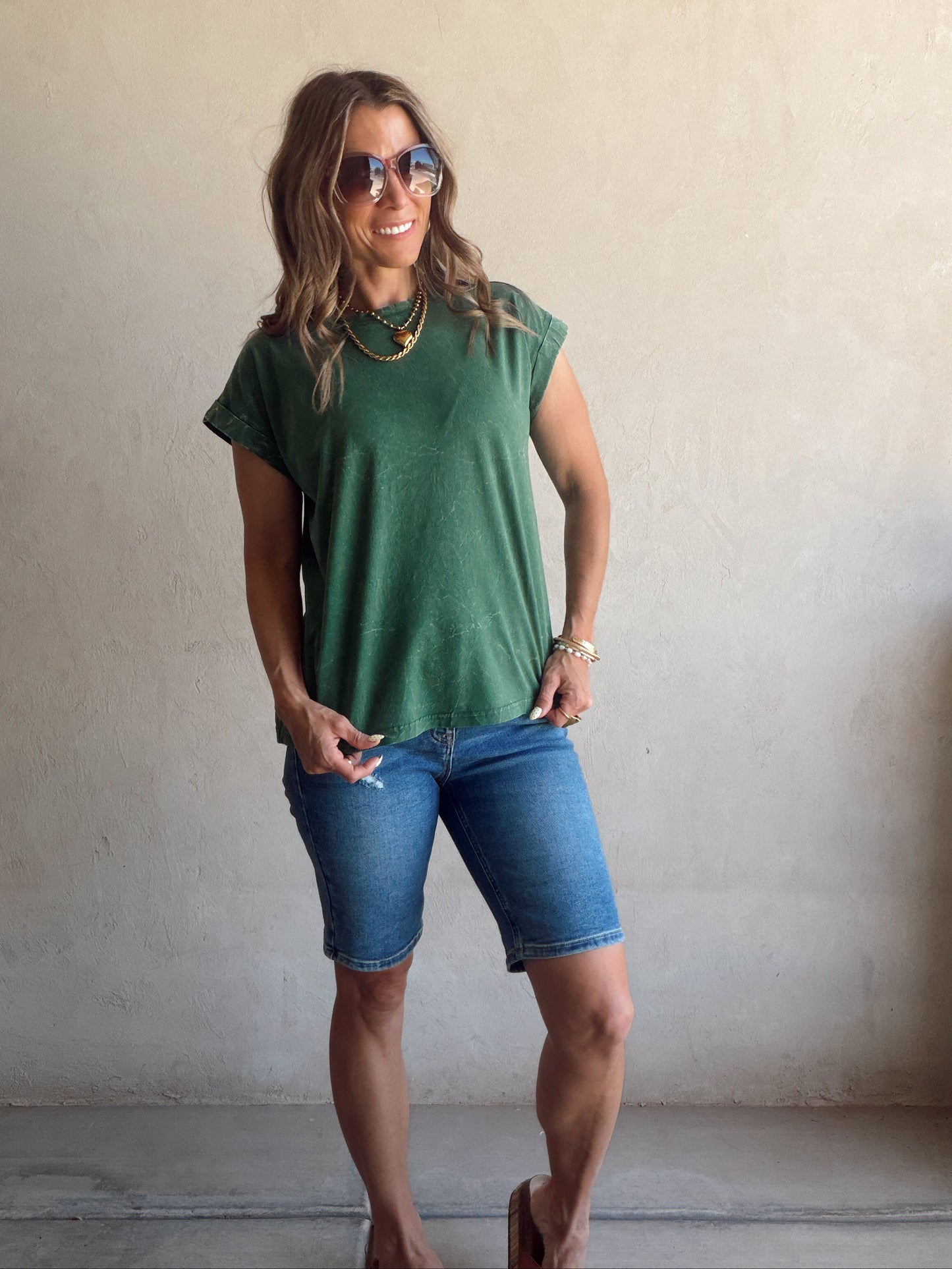 Amber Mineral Washed Top in Evergreen