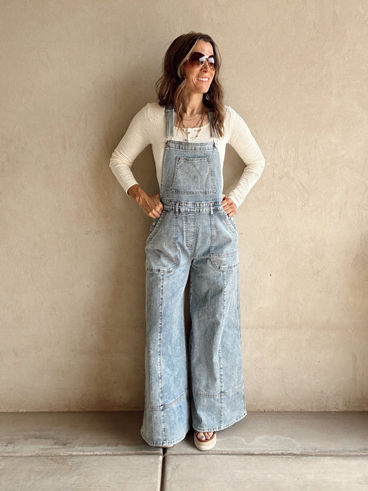 Charlie Wide Leg Overalls in Light Wash
