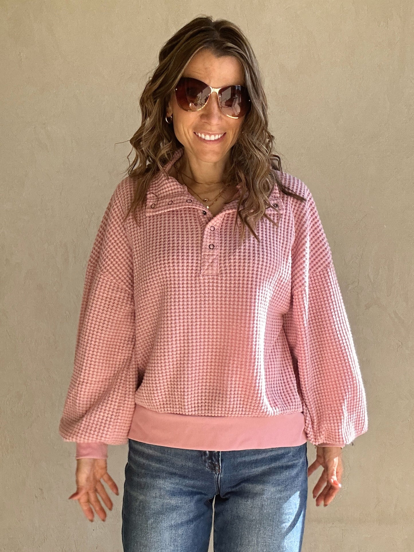 Suzy Button Down Waffle Sweatshirt in Pink