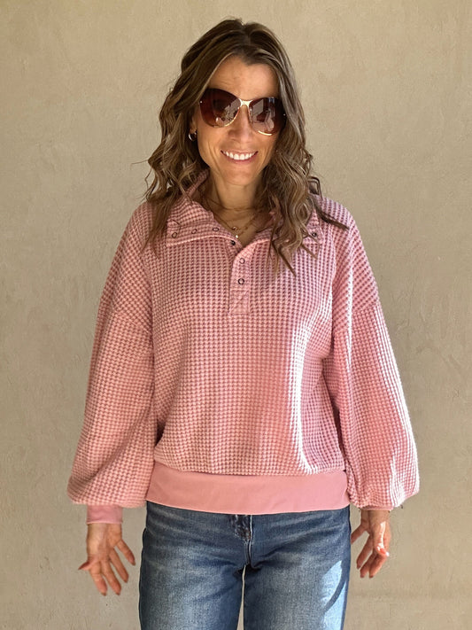 Suzy Button Down Waffle Sweatshirt in Pink