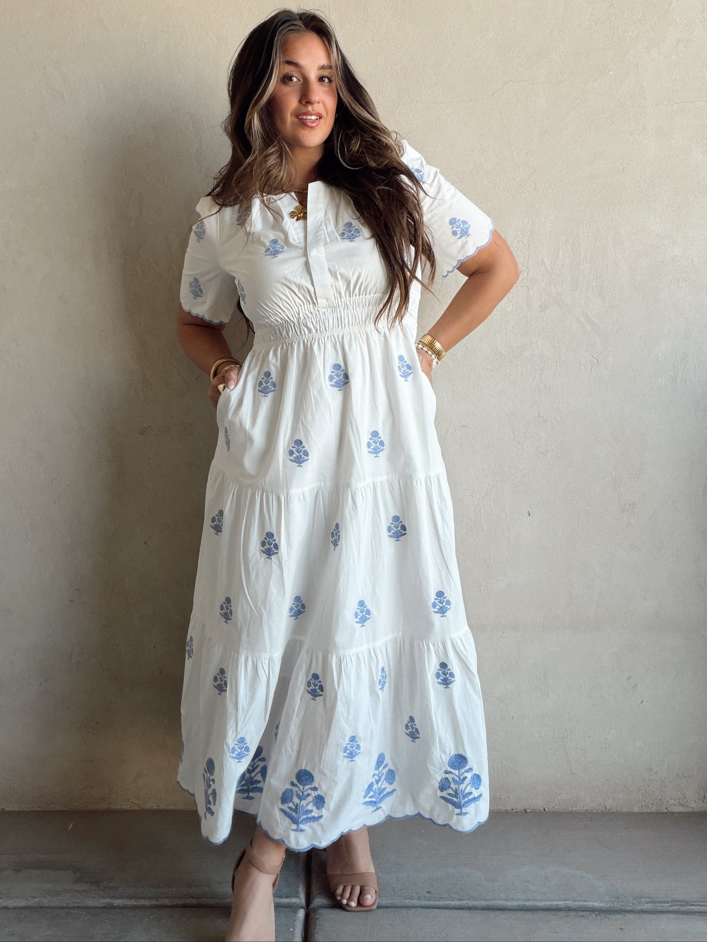Perry Floral Dress in White & Blue