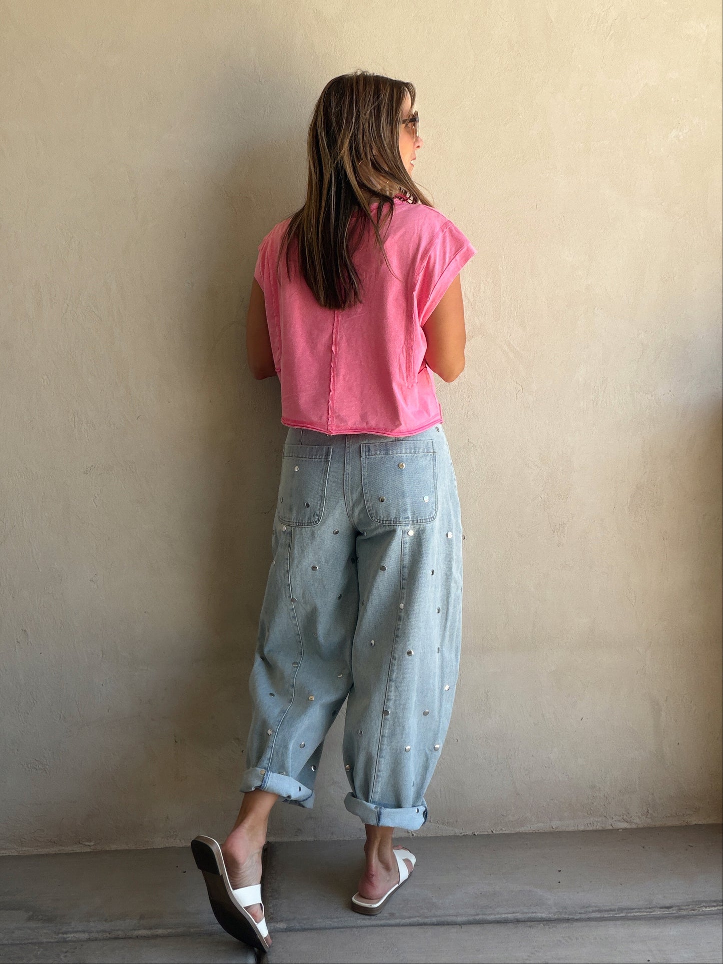 Lydia Light Wash Studded Barrel Jeans
