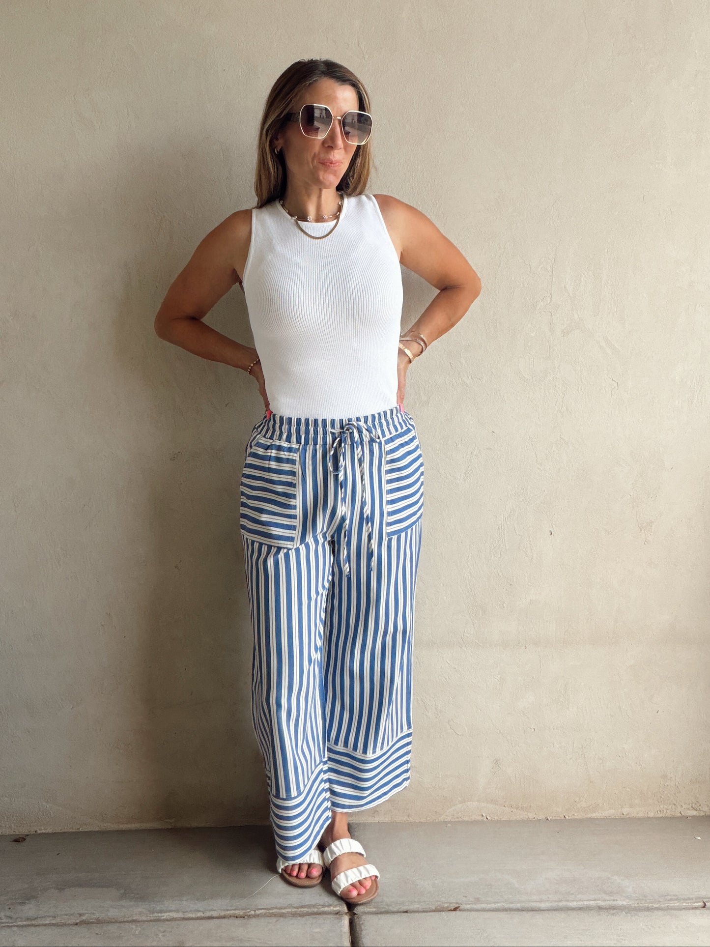 Kyla Drawstring Stripe Linen Pants in Blue & White