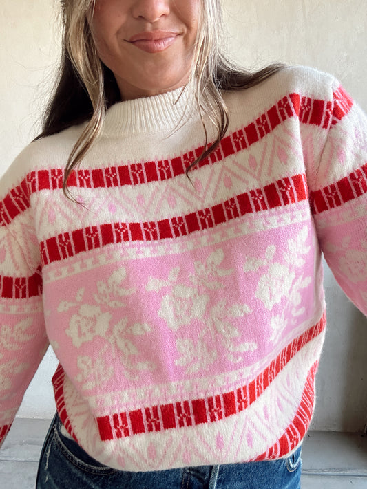 Sophie Sweater in Cream, Red & Pink