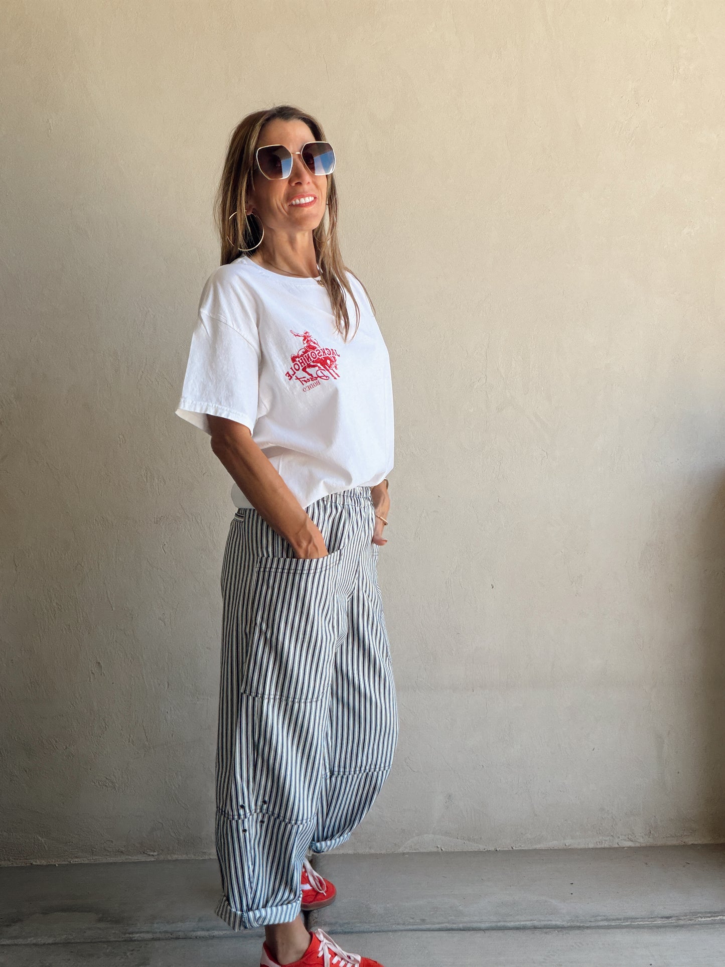 Sabrina Striped Barrel Pant in Navy