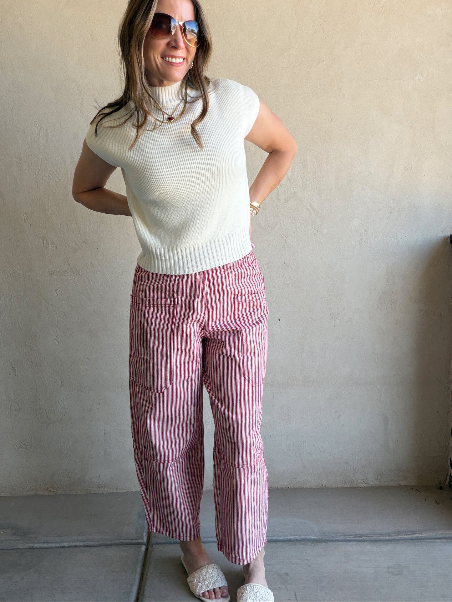 Striped Barrel Pant in Red