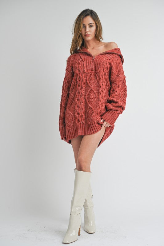 Coco Cable Knit Sweater Dress in Rust