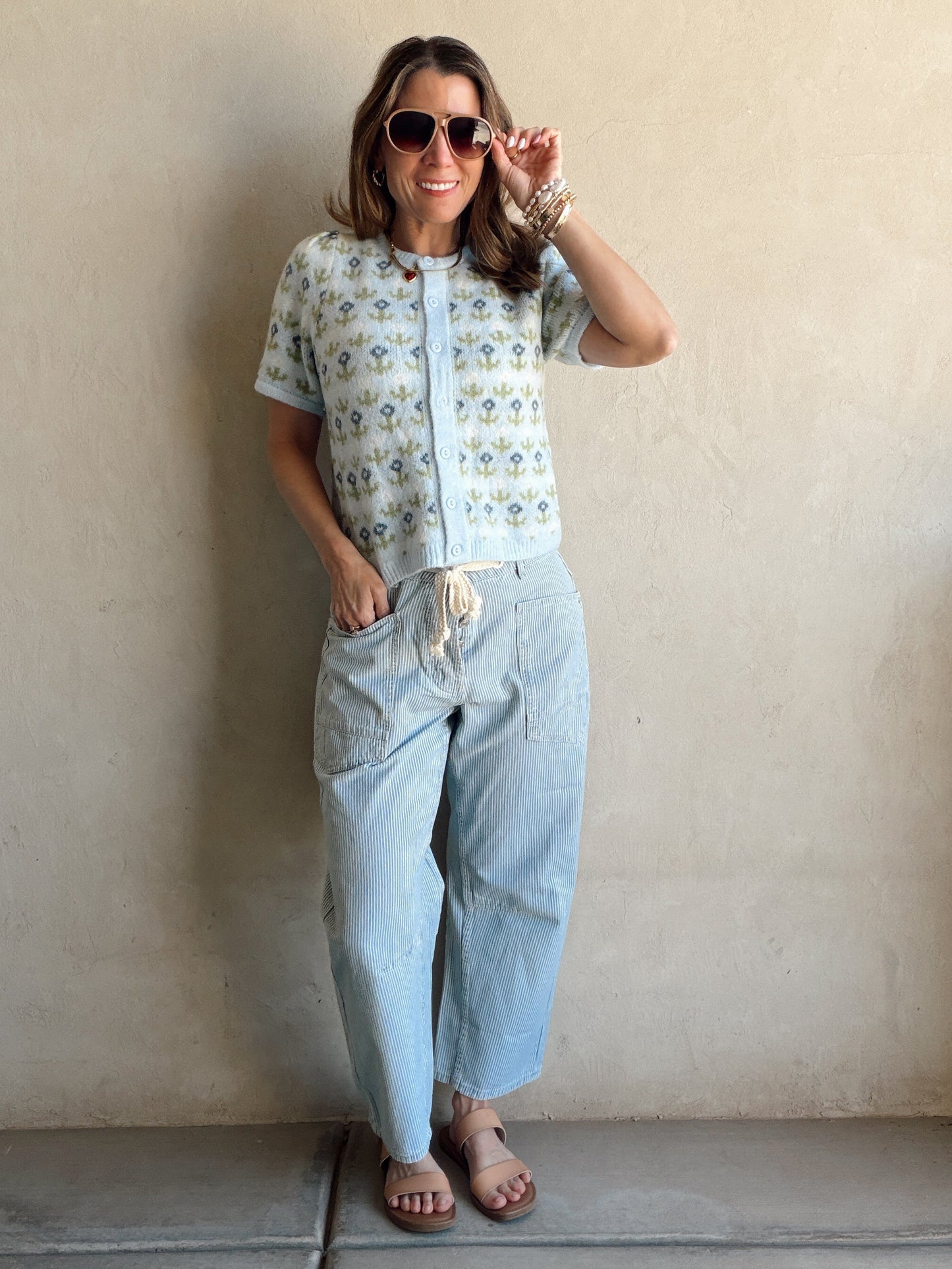 Maddy Button Down Cardigan in Light Blue & Green