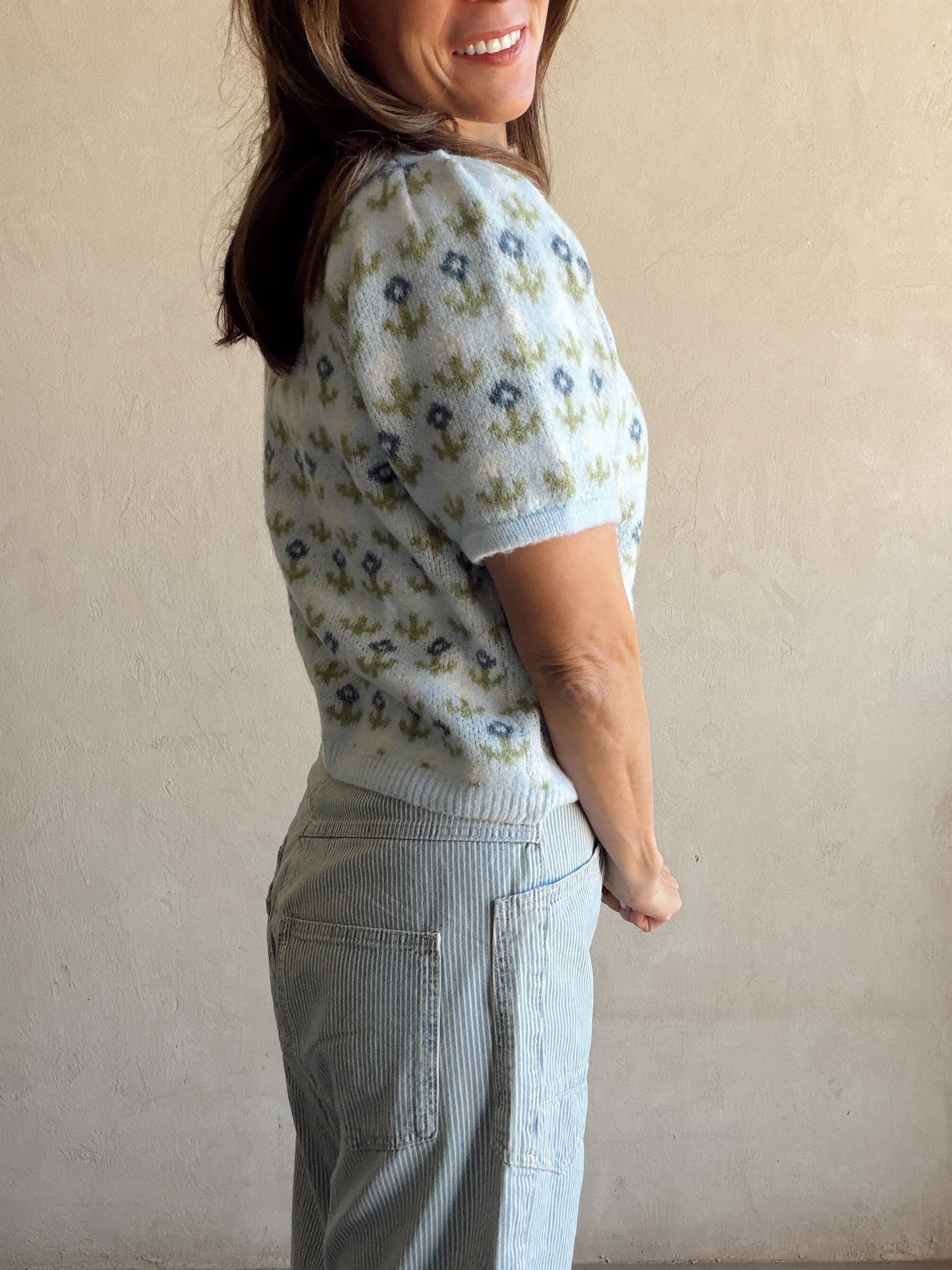 Maddy Button Down Cardigan in Light Blue & Green