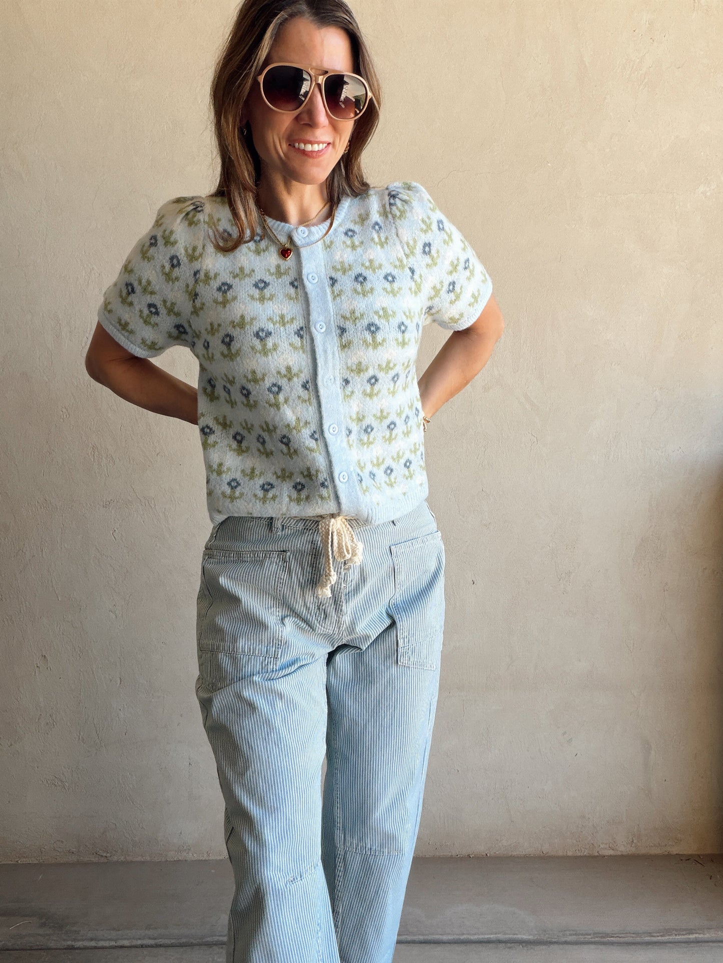 Maddy Button Down Cardigan in Light Blue & Green