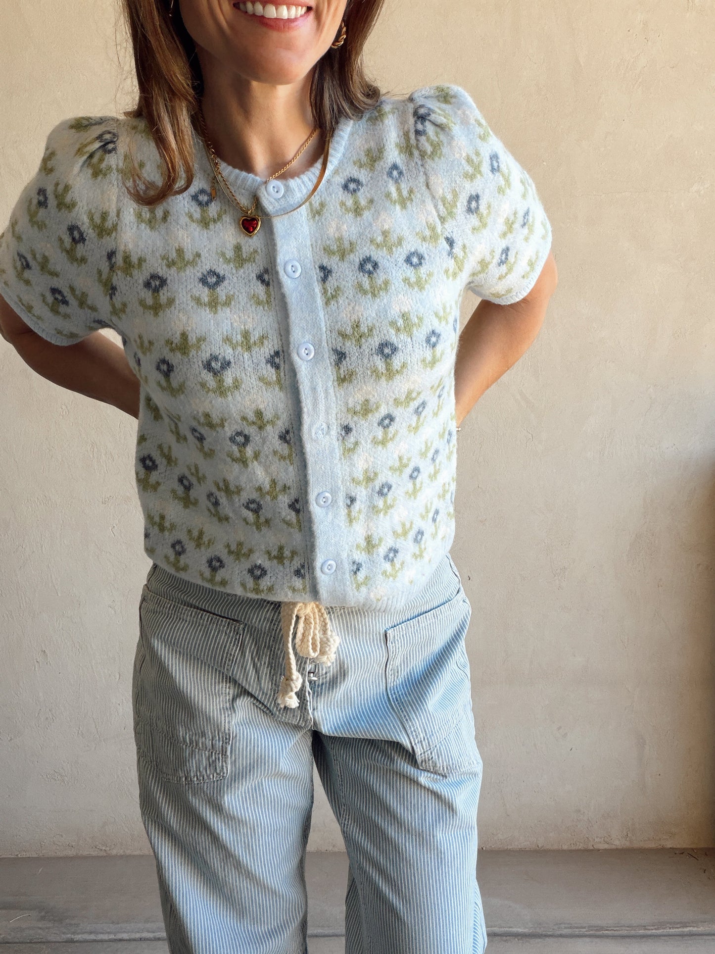 Maddy Button Down Cardigan in Light Blue & Green