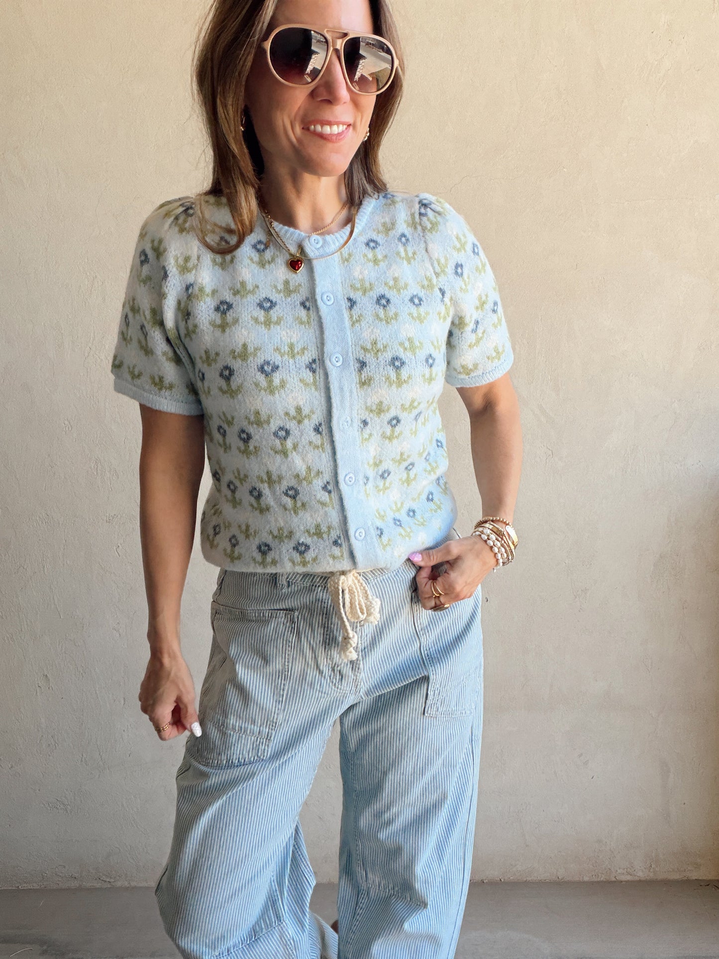 Maddy Button Down Cardigan in Light Blue & Green