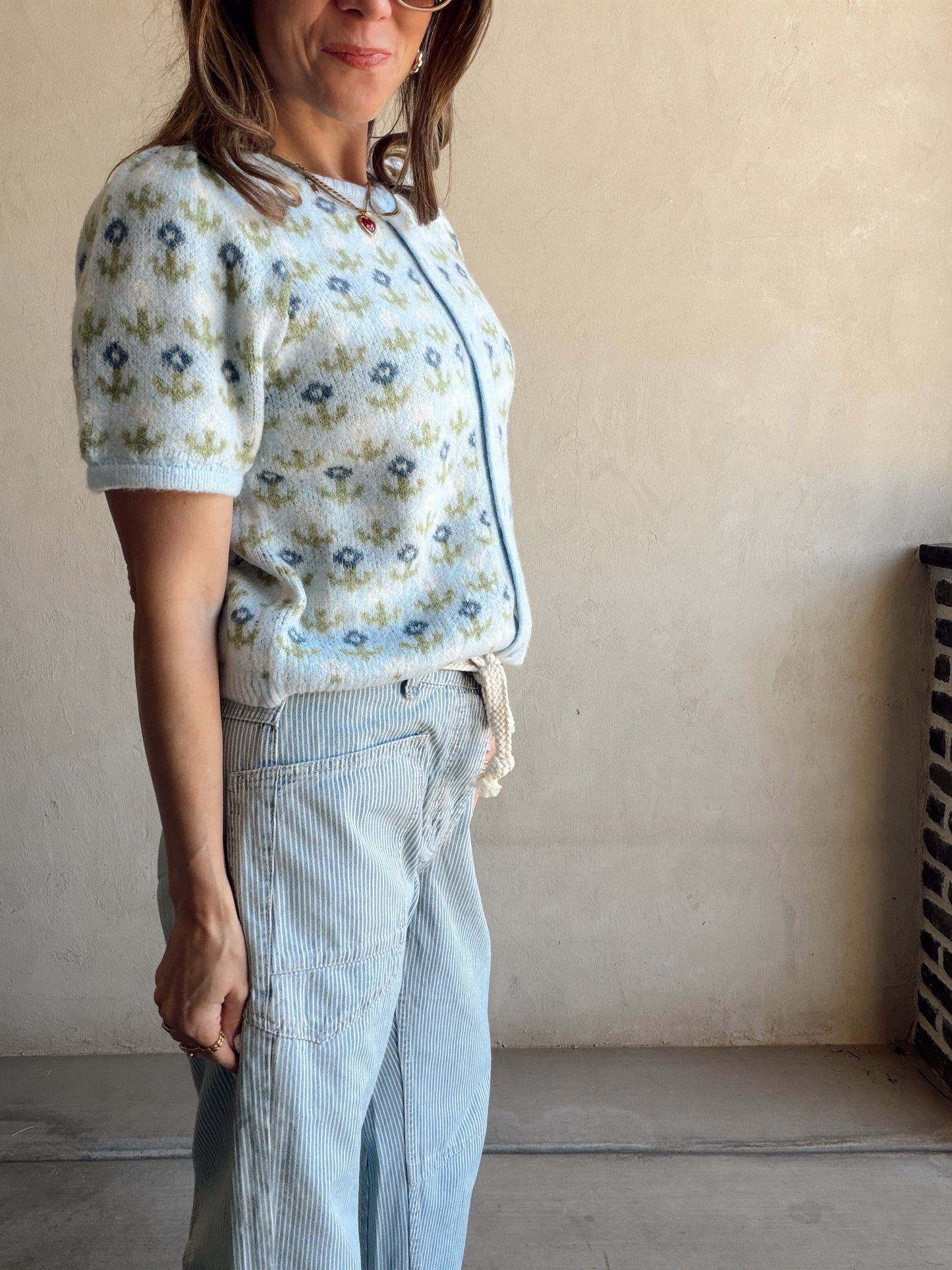 Maddy Button Down Cardigan in Light Blue & Green