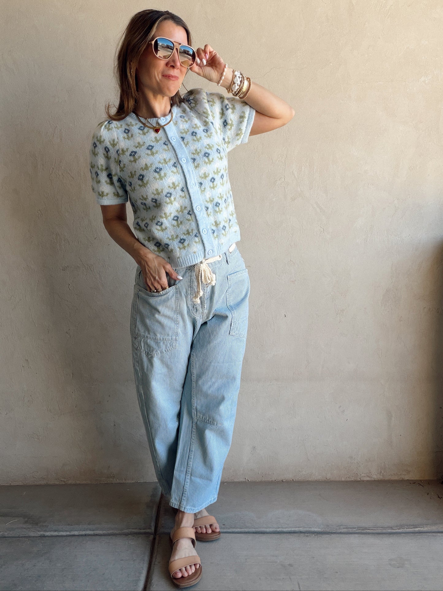 Maddy Button Down Cardigan in Light Blue & Green