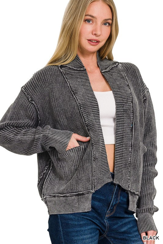 Riley Ribbed Cardigan in Charcoal and Ash Jade