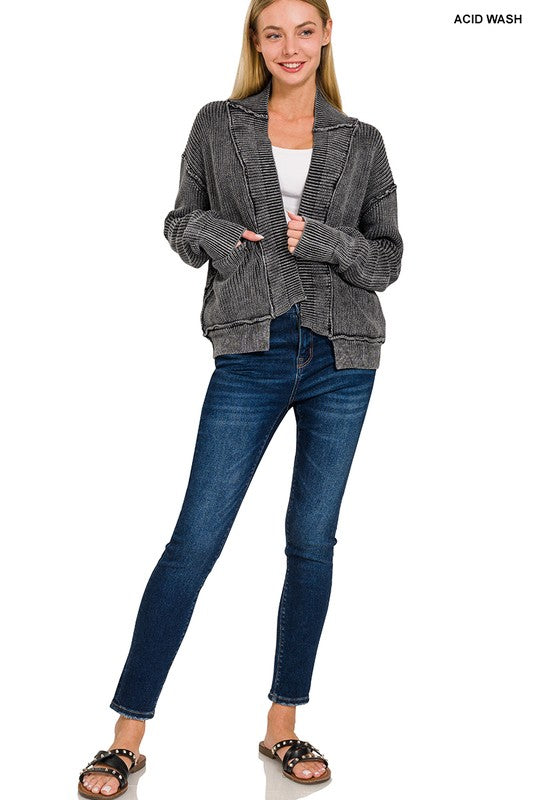 Riley Ribbed Cardigan in Charcoal and Ash Jade