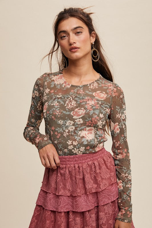 Millie Mesh Floral Top in Olive