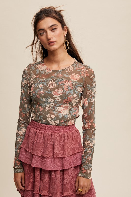 Millie Mesh Floral Top in Olive