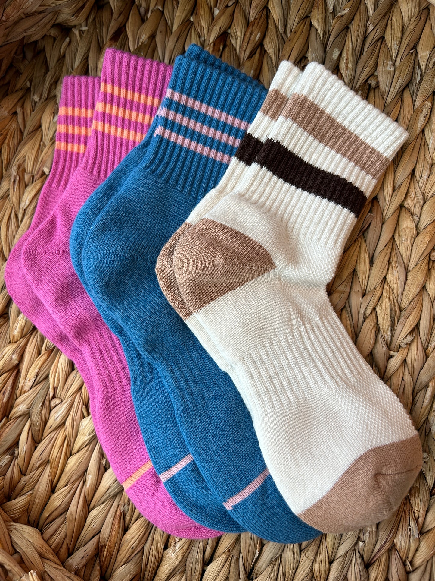 Ribbed Crew Socks in Pink, Blue and Cream