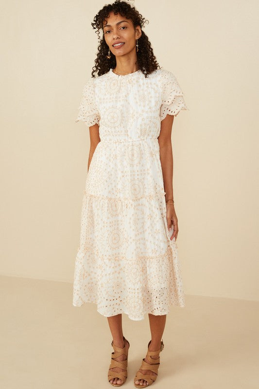 Eyelet Embroidered Dress in Blue, Beige & Red