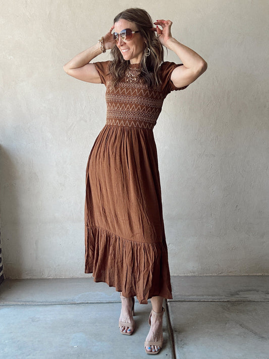 Bridget Embroidered Dress in Brown