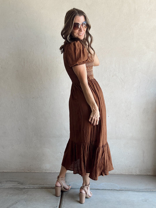 Bridget Embroidered Dress in Brown