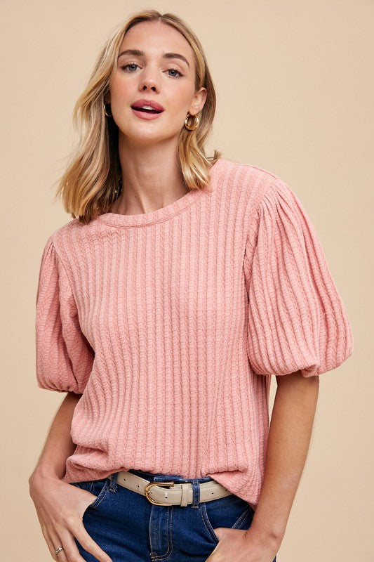 Tanya Textured Puff Sleeve Top in Rose