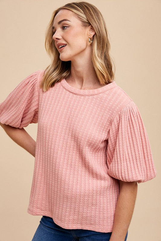 Tanya Textured Puff Sleeve Top in Rose