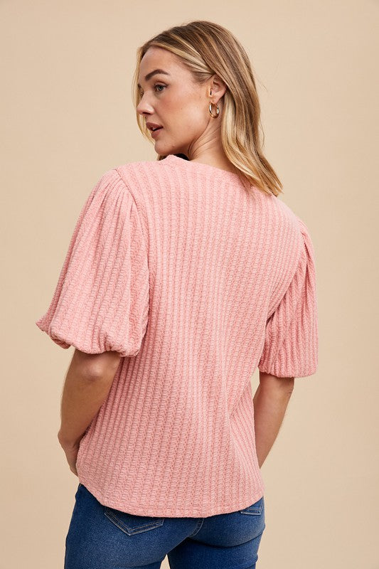 Tanya Textured Puff Sleeve Top in Rose