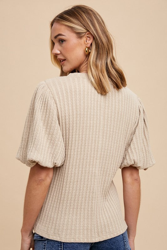 Tanya Textured Puff Sleeve Top in Oatmeal