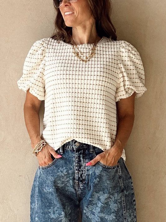 Annie Wear Textured Puff Sleeve Top in Taupe & Ivory