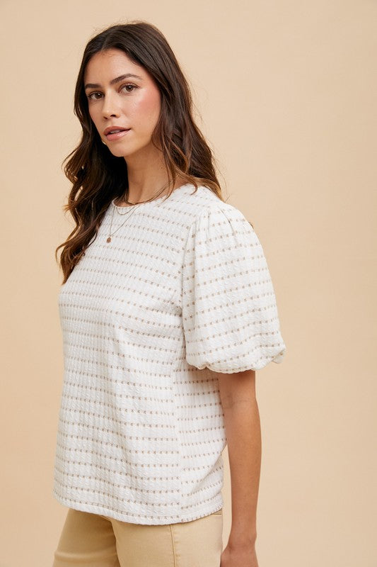 Tanya Textured Puff Sleeve Top in Taupe and Ivory (Ships March 10th)