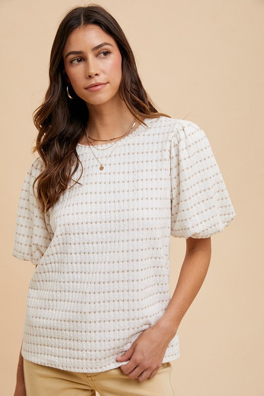 Tanya Textured Puff Sleeve Top in Taupe and Ivory (Ships March 10th)