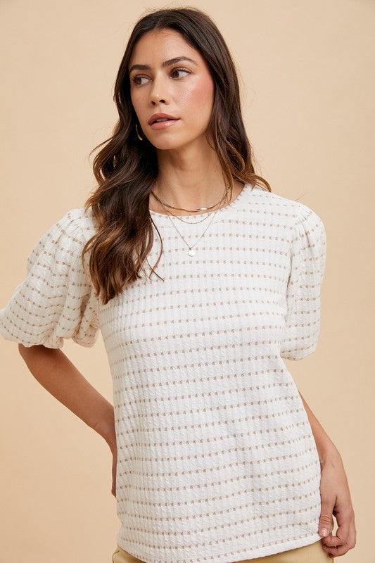 Tanya Textured Puff Sleeve Top in Taupe and Ivory